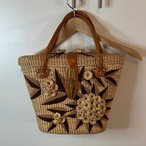 Leather Handles Floral Woven Tote Bag - Brown and Tan | Mexico